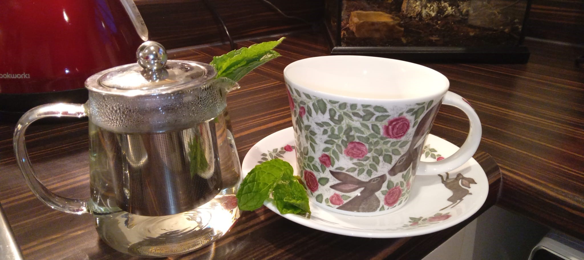 Image shows spearmint tea in herbal tea pot with cup and saucer